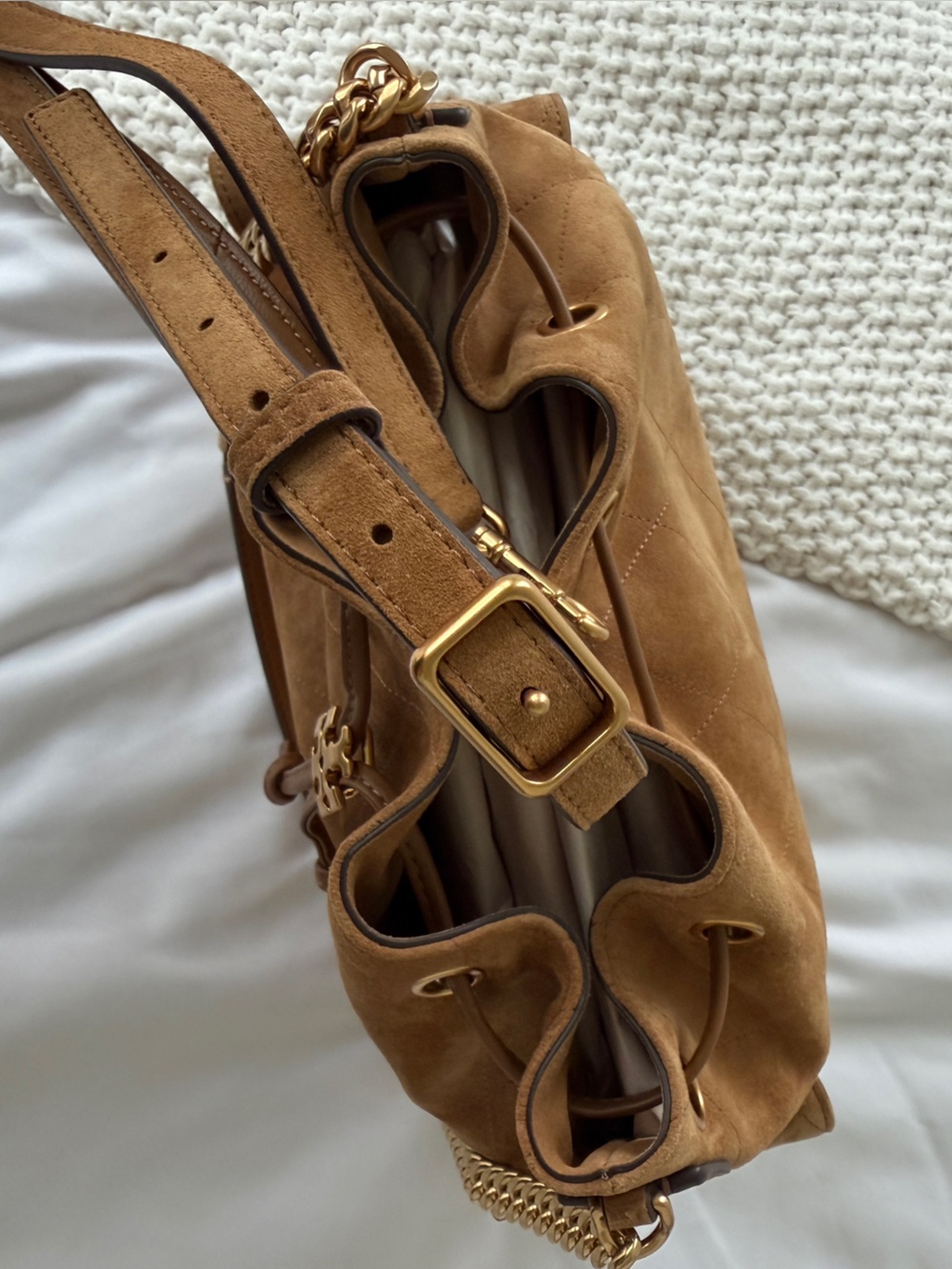 Tory Burch Charlie Quilted Suede Drawstring Shoulder in Toffee - Picture 3 of 6